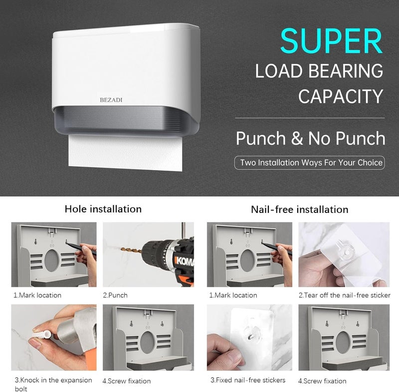 BEZADI Paper Towel Dispenser,Large Capacity Wall Mount Tissue Dispensers with Smart Lock, Used for Kitchen and Bathroom 200+ Sheets White Toilet Paper Holders - Image 5